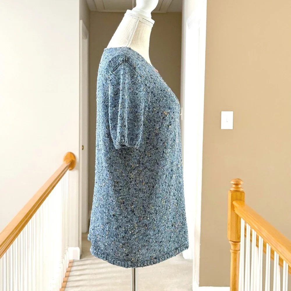 JH Collectibles Blue Marled Knit Short Sleeve Keyhole Sweater Top Womens‎ Large